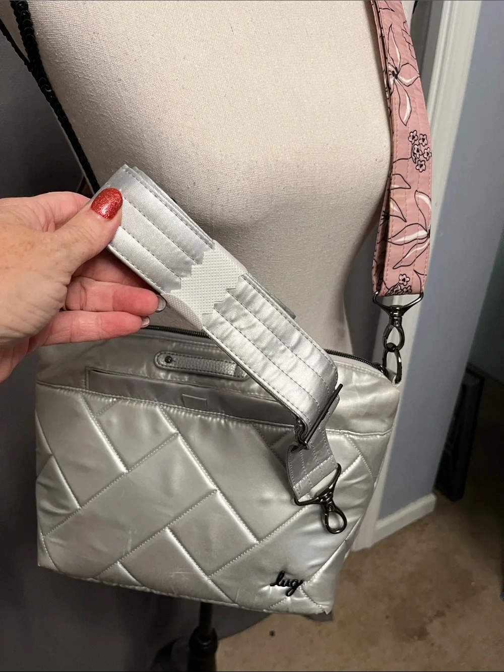 lug Silver Quilted Crossbody with Pink Floral Strap